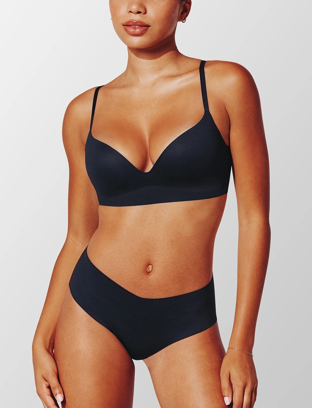 Model wearing the Zero Edge Wireless Push-Up Bra in black