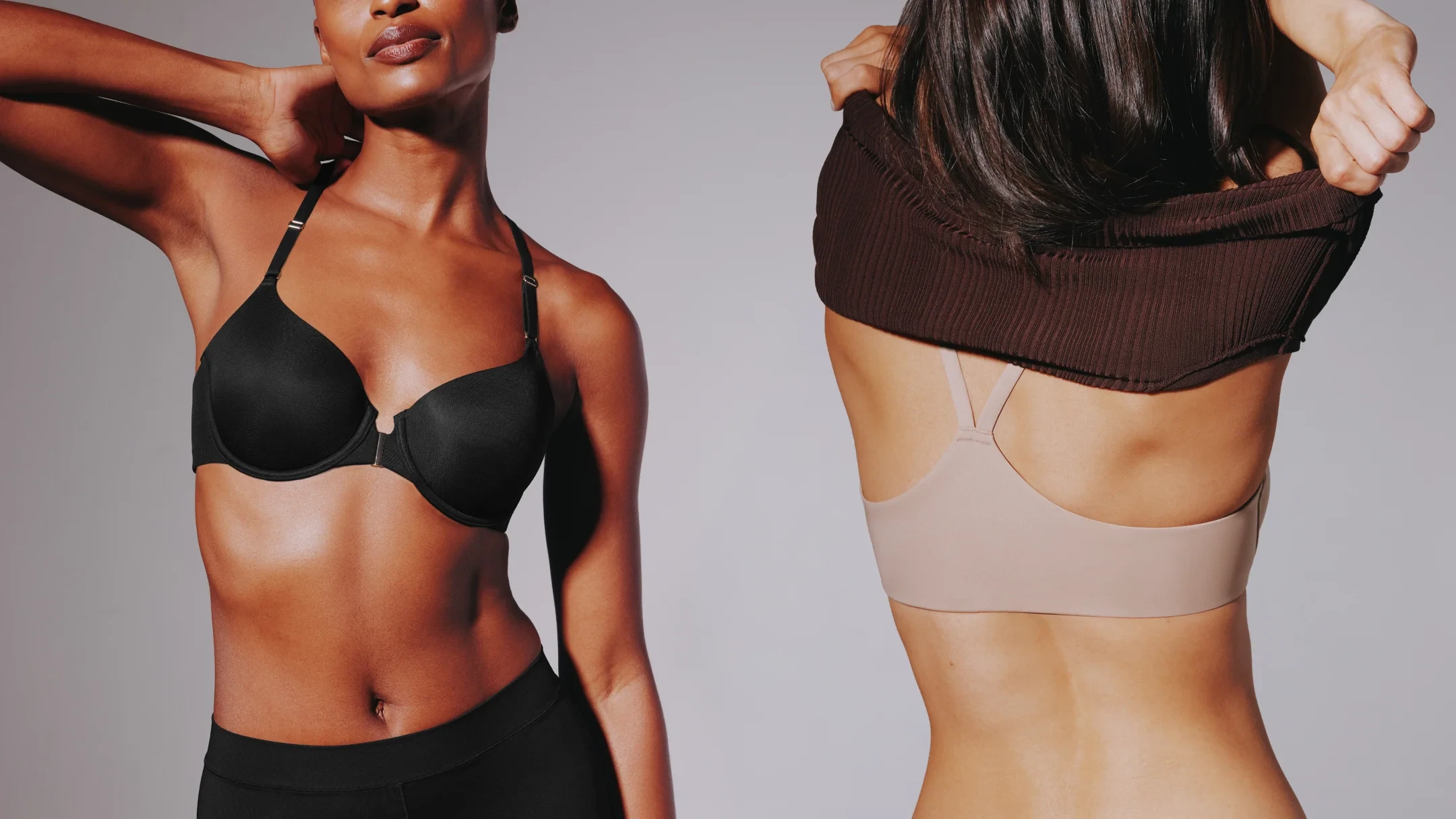 Model pulling a top over a black ThirdLove bra